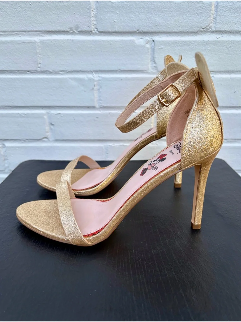 Primark x Disney Minnie Mouse Gold Glitter Bow Ankle-Strap Stiletto Heels, SZ 10